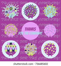8 hedgehogs with ornaments of flowers, suns, crowns, houses, trees, hearts and geometric shapes, with the inscription "Thanks for the company" on purple background