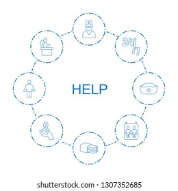 8 help icons. Trendy help icons white background. Included line icons such as doctor, bandage, hours support, airport desk, elevator, ribbon on hand. help icon for web and mobile.