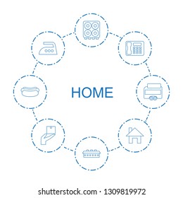 8 home icons. Trendy home icons white background. Included line icons such as cooker, barn, desk phone, iron, cargo protection, pie, trailer. home icon for web and mobile.