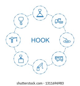 8 hook icons. Trendy hook icons white background. Included outline icons such as hook with cargo, cargo crane, truck with construction crane. icon for web and mobile.