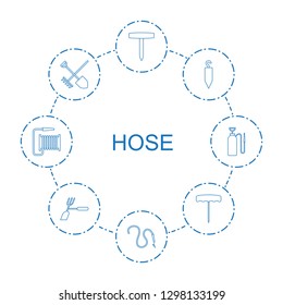 8 hose icons. Trendy hose icons white background. Included line icons such as gardening tool, water hose, shovel and rake, harden hose. icon for web and mobile.