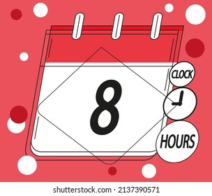 8 hours icon. Vector with clock symbol in red