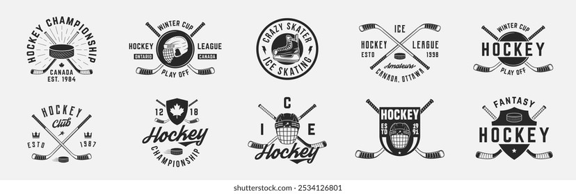 8 Ice hockey emblems with hockey helmets, cues icons. Hipster Design. Emblem, poster templates. Vector illustration
