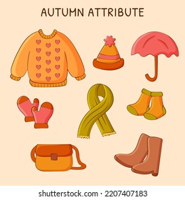 8 illustrations of autumn attribute to various clothes and things. Cute illustration and use saturation color of brown and cream. Perfect for the book cover and T shirt