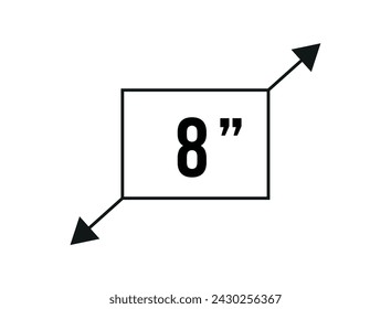 8 inches. Vector screen measurement and resolution in inches. Size in inch isolated on white background