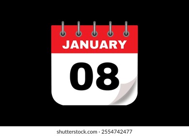 8 January calendar icon text page monthly web design on red, white and black background vector, icon, or illustration with the month of January 8