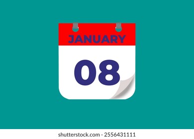 8 January calendar icon text page monthly web design on red, and blue background vector, icon, or illustration with the month of January 8