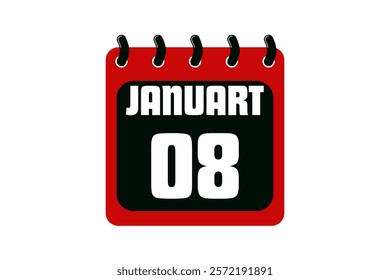 8 January calendar icon text page monthly web design on red, black and white background vector, icon, or illustration with the month of January 8