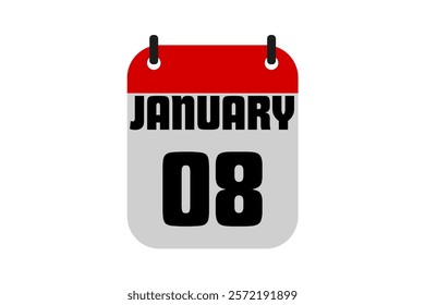 8 January calendar icon text page monthly web design on red, black and white background vector, icon, or illustration with the month of January 8
