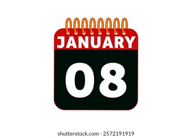 8 January calendar icon text page monthly web design on red, black and white background vector, icon, or illustration with the month of January 8