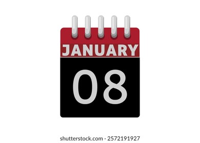 8 January calendar icon text page monthly web design on red, black and white background vector, icon, or illustration with the month of January 8