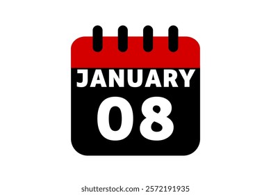 8 January calendar icon text page monthly web design on red, black and white background vector, icon, or illustration with the month of January 8