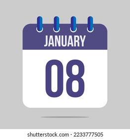 8. Januar Kalendervektor. Terminkalender für Januar mit markiertem Datum. Planung von Terminen, Sitzungen und Terminen
