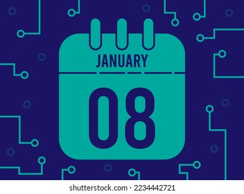 8 January day. Technological calendar page for the month of January. Modern vector with technology for special dates