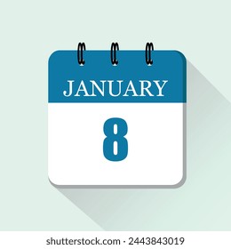 8 de enero icono de calendario diario plano. Plantilla de calendario vectorial para los días de enero. Cartel para el día y el mes.