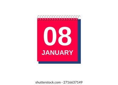 8 Janeiro mês vetor dia único, ilustração, calendário com vermelho, azul e branco ícone de calendário de fundo de cor de Janeiro 8