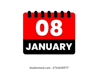 8 Janeiro mês vetor dia único, ilustração, calendário com vermelho, preto e branco ícone de calendário de fundo de cor de Janeiro 8
