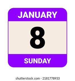 8 January, Sunday. Date template. Useful design for calendar or event promotion. Vector illustration EPS 10 File