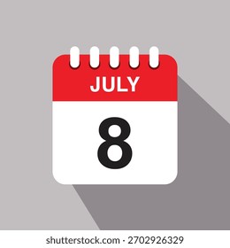 Icono de fecha del calendario del 8 de julio. Ilustración vectorial con diseño de sombras