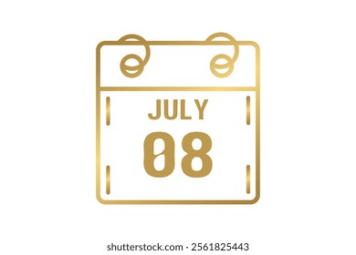 8 July calendar icon text page monthly web design on golden and white background vector, icon, or illustration with the month of July 8