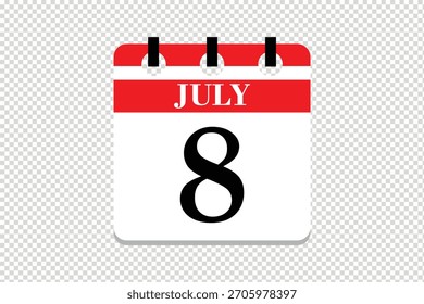 8 July Calendar icon vector, 8 dates of July month calendar icon, dates of July 8 icon calendar, vector calendar icon.