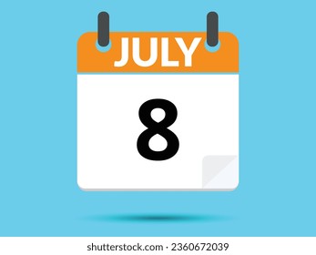 8 July. Flat icon calendar isolated on blue background. Vector illustration.