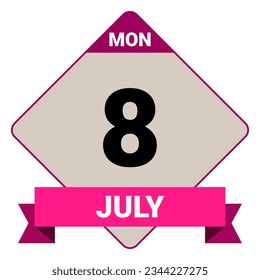 8 July, Monday. Date template. Useful design for calendar or event promotion. Vector illustration EPS 10 File. Isolated on white background. 