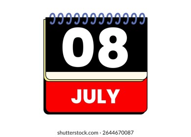 8 Juli Monat einzelner Tag Vektor, Illustration, Kalender mit roten, schwarzen, gelben und weißen Farbe Hintergrund Kalender Symbol vom Juli 8