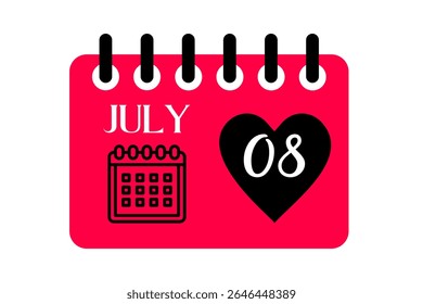 8 july month single day vector, illustration, calendar with red, black and white color background calendar icon of july 8