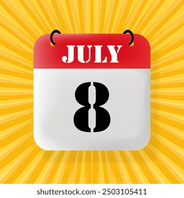 8 July. Speech bubble with calendar 2024, 2025. Year, month, day, week, time management. Planning concept. 3d illustration. Pop art style. Vector line icon for Business and Advertising
