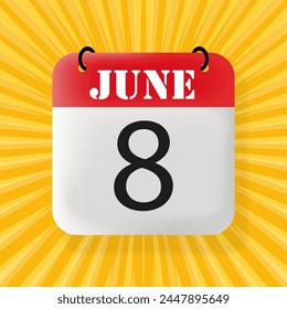 8 de junio. Calendario 2024. Ilustración 3d. Estilo de arte Pop. Icono de línea de Vector para negocios y publicidad