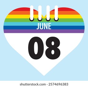 8 June calendar icon pride color heart shape on light sky blue color background, calendar vector symbol for the month of  June.