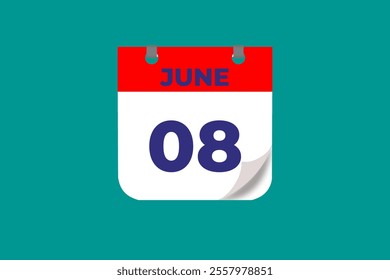 8 June calendar icon text page monthly web design on red, and blue background vector, icon, or illustration with the month of June 8