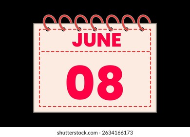 8 June calendar icon text page monthly web design on red, rose and black background vector, icon, or illustration with the month of June 8