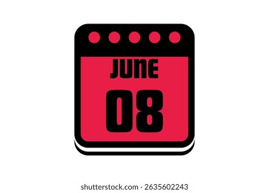 8 June calendar icon text page monthly web design on red, black and white background vector, icon, or illustration with the month of June 8