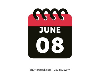 8 June calendar icon text page monthly web design on red, black and white background vector, icon, or illustration with the month of June 8