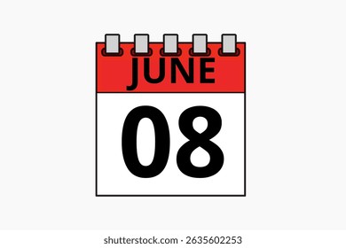 8 June calendar icon text page monthly web design on red, black and white background vector, icon, or illustration with the month of June 8