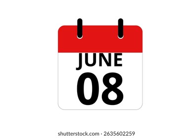 8 June calendar icon text page monthly web design on red, black and white background vector, icon, or illustration with the month of June 8
