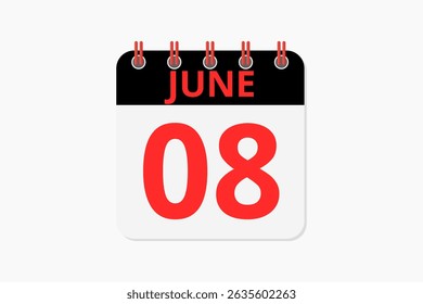 8 June calendar icon text page monthly web design on red, black and white background vector, icon, or illustration with the month of June 8
