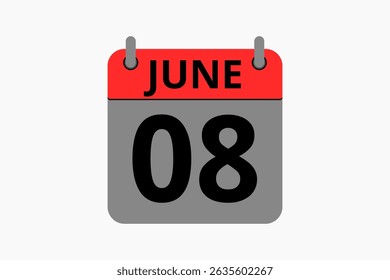 8 June calendar icon text page monthly web design on red, black and white background vector, icon, or illustration with the month of June 8