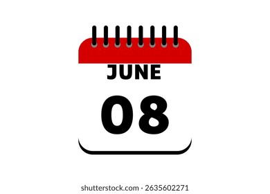 8 June calendar icon text page monthly web design on red, black and white background vector, icon, or illustration with the month of June 8