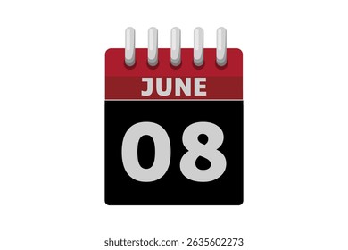 8 June calendar icon text page monthly web design on red, black and white background vector, icon, or illustration with the month of June 8