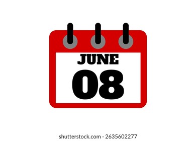 8 June calendar icon text page monthly web design on red, black and white background vector, icon, or illustration with the month of June 8