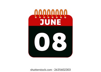 8 June calendar icon text page monthly web design on red, black and white background vector, icon, or illustration with the month of June 8