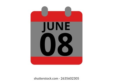 8 June calendar icon text page monthly web design on red, black and white background vector, icon, or illustration with the month of June 8