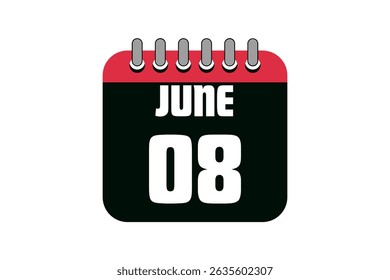 8 June calendar icon text page monthly web design on red, black and white background vector, icon, or illustration with the month of June 8