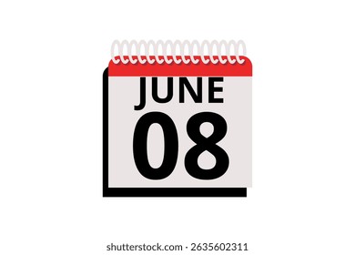 8 June calendar icon text page monthly web design on red, black and white background vector, icon, or illustration with the month of June 8