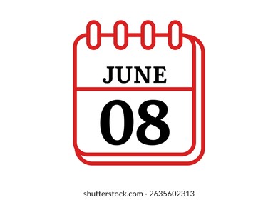 8 June calendar icon text page monthly web design on red, black and white background vector, icon, or illustration with the month of June 8