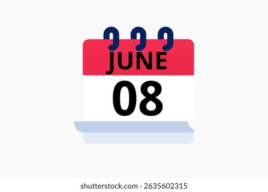 8 June calendar icon text page monthly web design on red, black and white background vector, icon, or illustration with the month of June 8