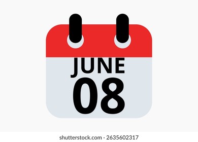 8 June calendar icon text page monthly web design on red, black and white background vector, icon, or illustration with the month of June 8